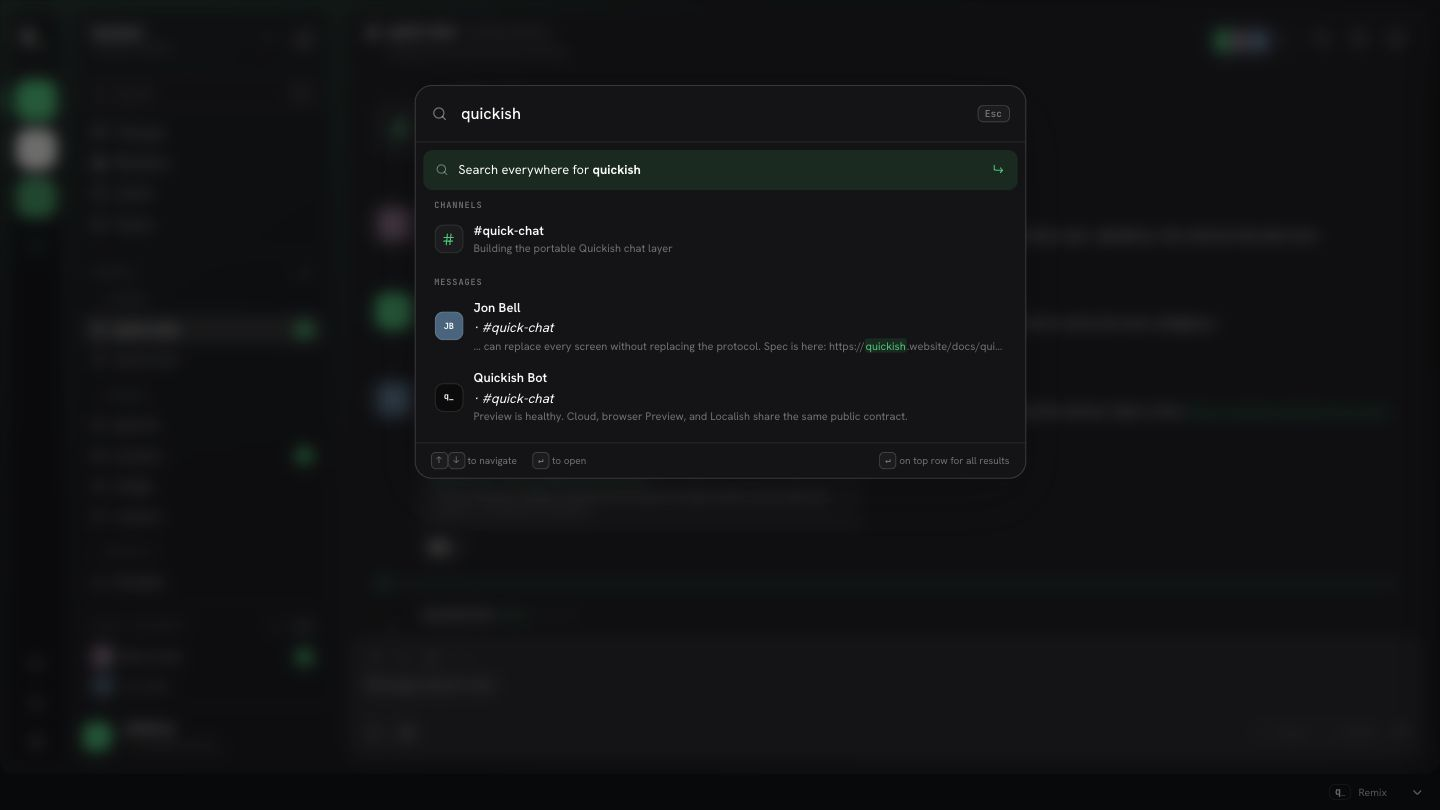 Chatish workspace search showing channel and message results
