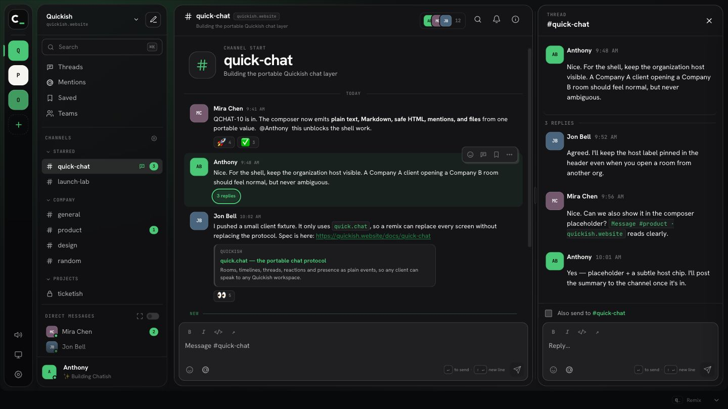 Chatish with a conversation thread open beside the quick-chat channel