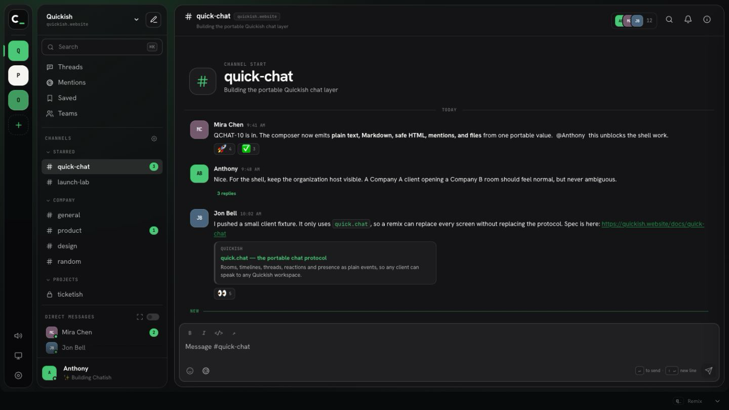 Chatish showing the quick-chat channel, threaded messages, reactions, channel navigation, and a rich message composer