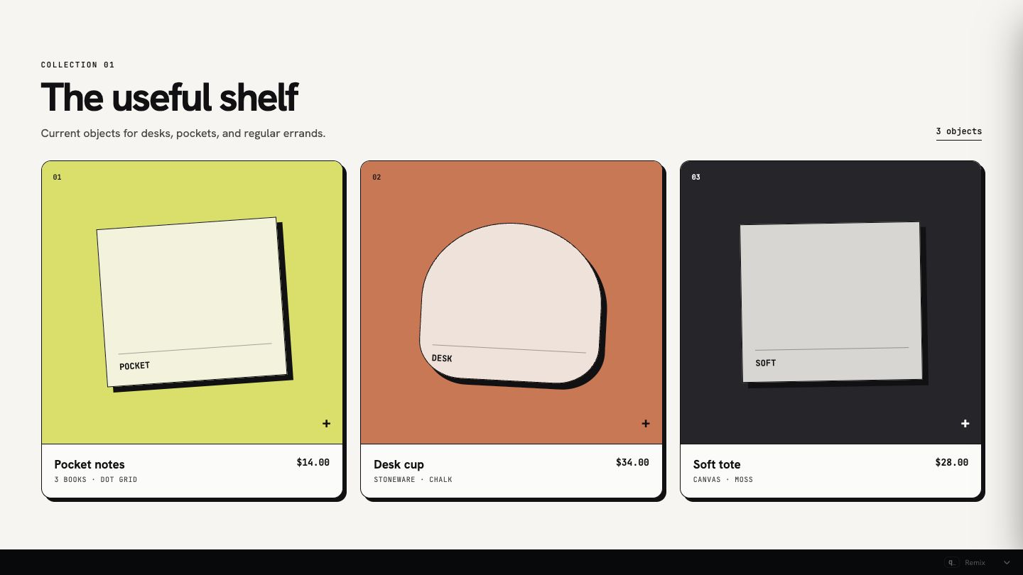 Shopish collection showing three product cards on the useful shelf
