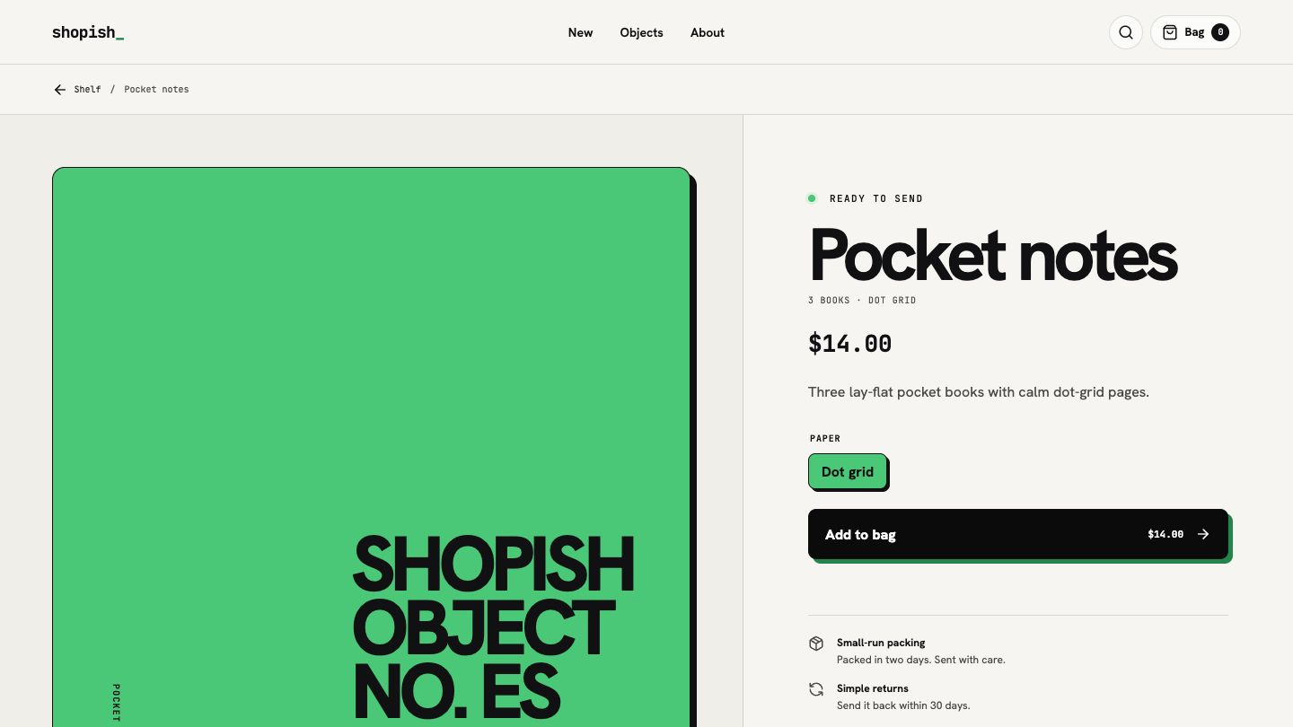 Shopish Pocket notes product page with price, variant, and add-to-bag action