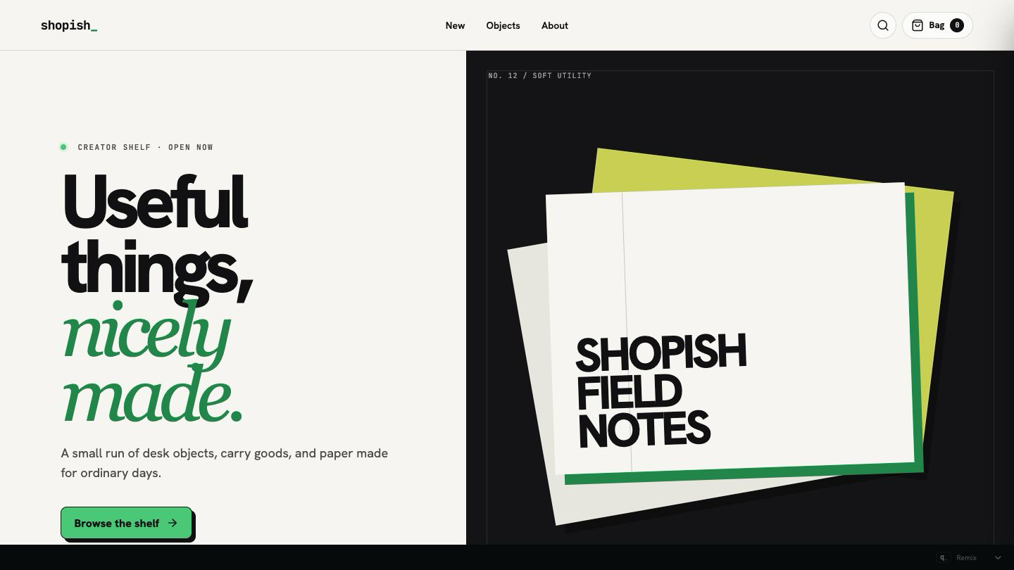 Shopish showing a light editorial storefront with a product collection, bag, and a green Browse the shelf action