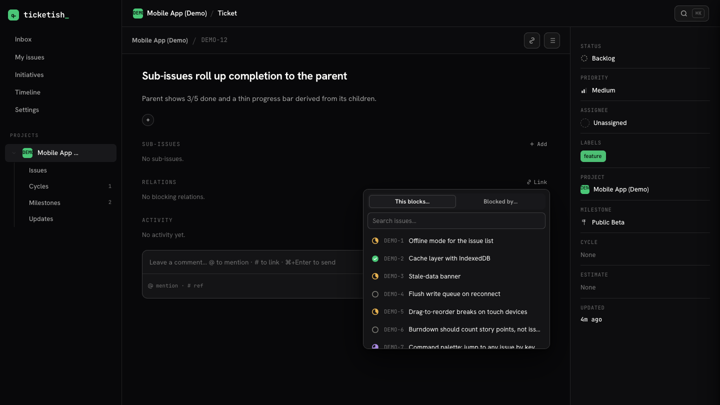 Ticketish issue detail with its relationship picker and project sidebar