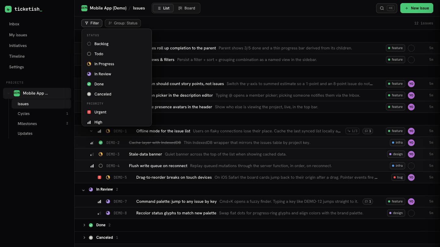 Ticketish issue list with a status filter open